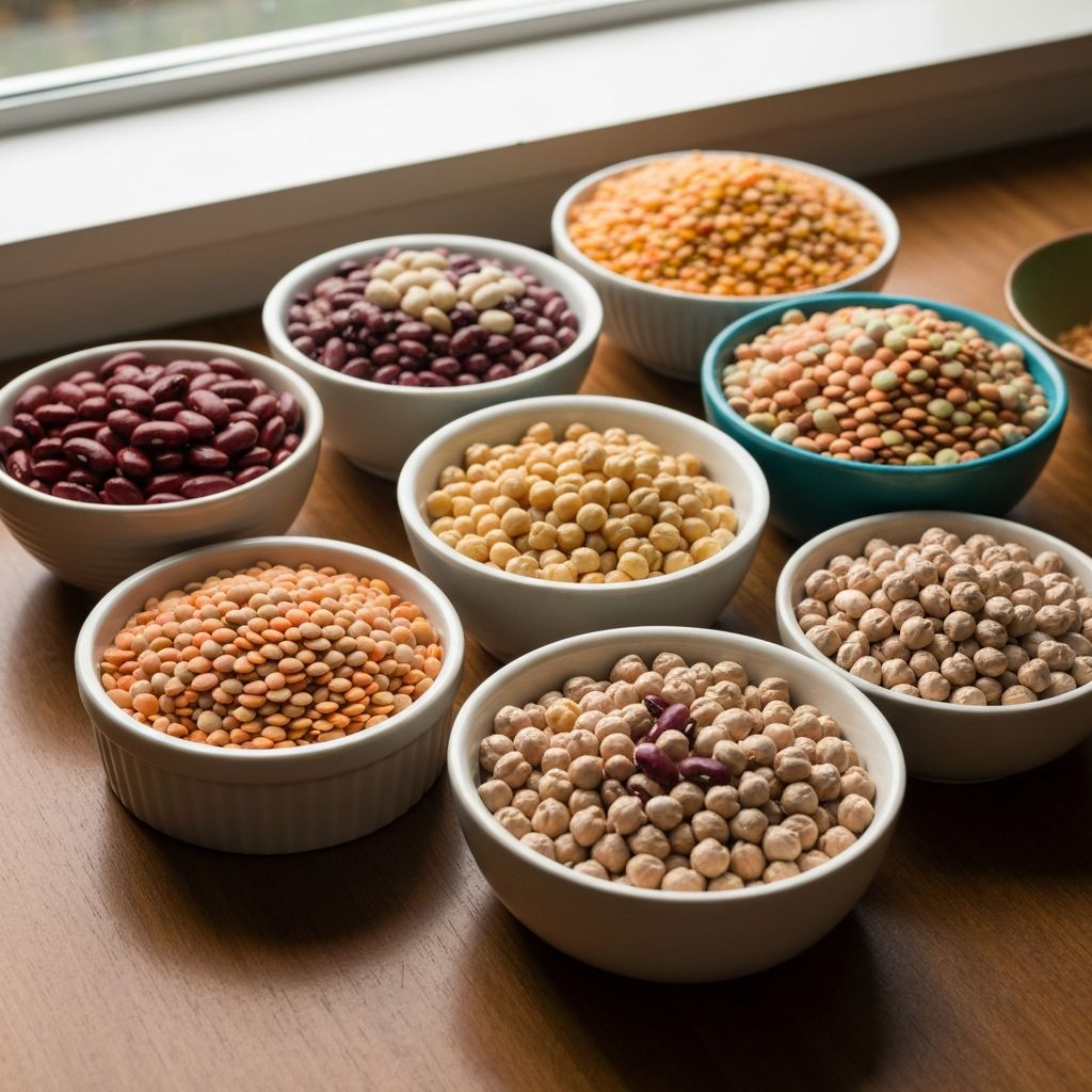 Various legumes in ceramic bowls