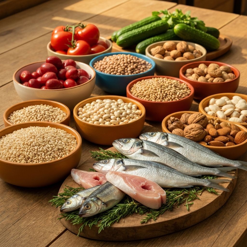 Mediterranean food groups arranged on a wooden surface